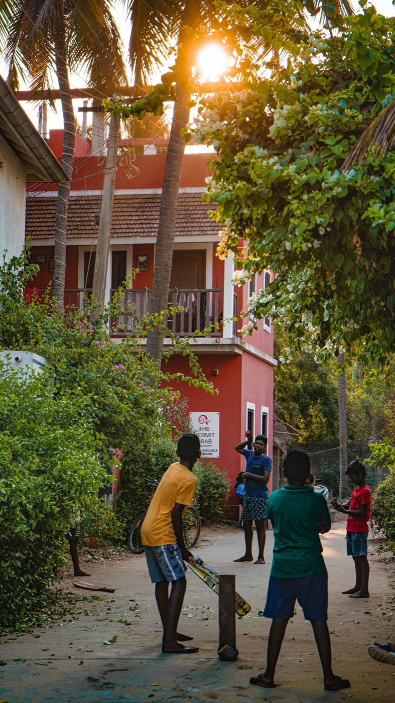 Children playing street cricket at sunset